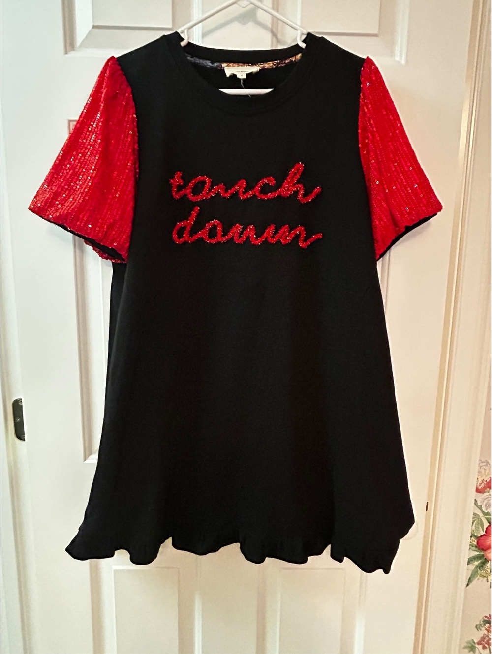 Umgee Black Dress with Red Sequin Puff Sleeves and Embroidered Front